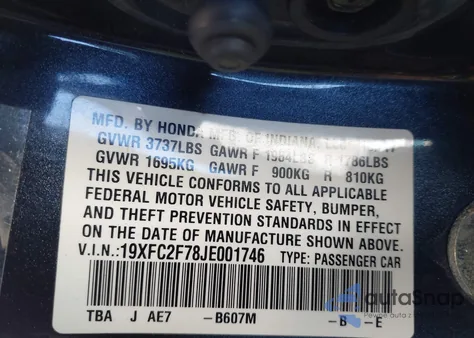 2018 Honda Civic Ex from USA, damaged, VIN 19XFC2F78JE001746